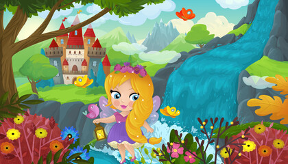 Fototapeta na wymiar cartoon scene with nature forest cute elf near waterfall and castle