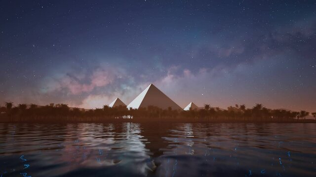 Timelapse of the starry sky over the lake and ancient pyramids on the horizon.