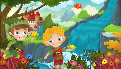 cartoon scene with nature forest cute elf near waterfall and castle