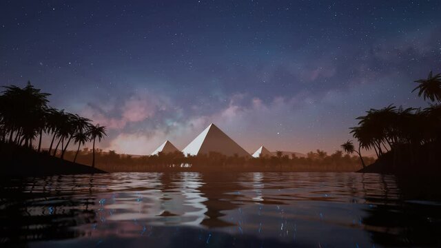 Timelapse of the starry sky over the lake and ancient pyramids on the horizon.