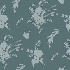 Fototapeta na wymiar Seamless pattern with silhouettes of eustoma flowers on a green background in vintage style for textiles and surface design