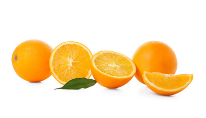 Fresh ripe cut oranges on white background