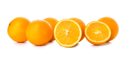 Ripe fresh oranges on white background