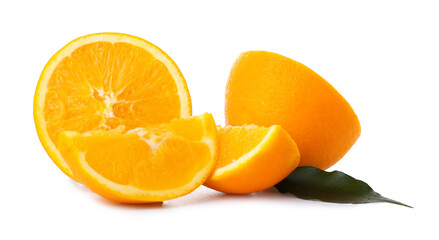 Ripe fresh cut oranges on white background
