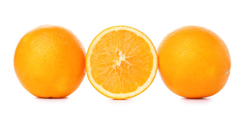 Ripe fresh oranges on white background