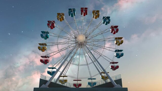 Fun Ferris wheel amusement ride, loopable carousel attraction. Night lights. 4K