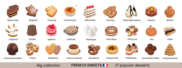 Big collection of traditional french desserts. Hand drawn colorful illustration. - obrazy, fototapety, plakaty