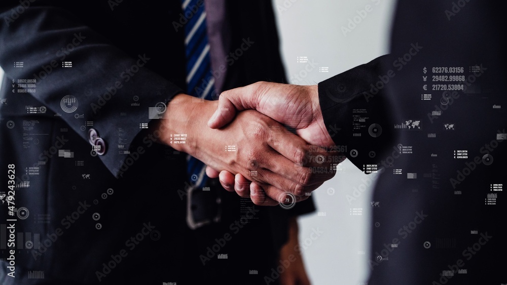 Poster conceptual business handshake with dashboard for financial data analysis . 3d render computer graphi