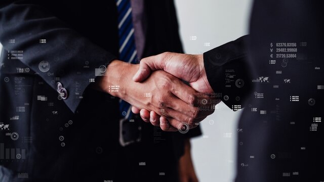 Conceptual business handshake with dashboard for financial data analysis . 3D render computer graphic .