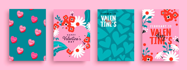 Valentine's Day pink flower bouquet and hearts card set - obrazy, fototapety, plakaty