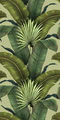Exotic tropical pattren. Tropical gren palm leaves background. Hand drawing 3d illustration. Dark tropical leaves wallpaper. Great for fabric, wallpaper, paper design