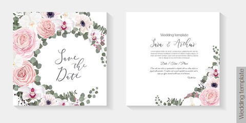 Fototapeta na wymiar Vector floral template for wedding invitations. Pink roses, white orchids, berries, gypsophila, eucalyptus, green plants and flowers. Postcard for your text.