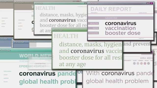 Pop up windows with coronavirus covid epidemic crisis on computer screen. Abstract concept of news titles across media. Seamless and looped display animation.
