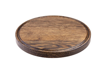 Round wooden cutting board with groove isolated on white