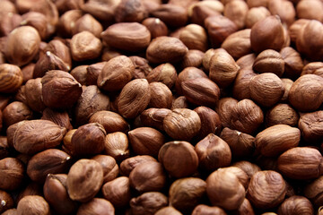 Shelled raw hazelnuts background closeup