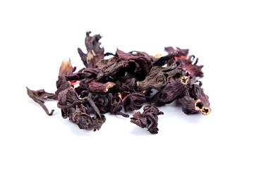 Obraz premium Hibiscus flower red tea karkade, dried petals of Sudanese rose isolated on white
