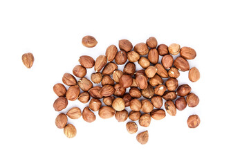 Raw shelled hezelnuts or filberts isolated on white