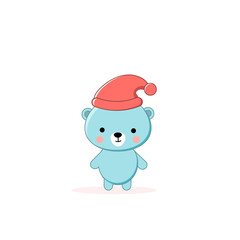Cute blue bear in the red hat character icon for kids baby print design. Kawaii style. Adorable sweet forest animal. Symbol, logo vector illustration.