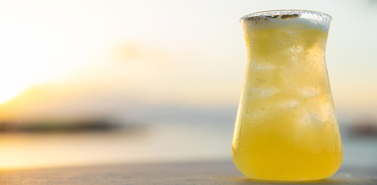 Panoramic View Of Ice Cold Margarita Cocktail With Tequila During Sunset On A Beach In Cozumel, Mexico