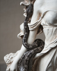 Boa snake standing on a marble statue