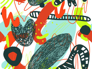 Seamless abstract doodle background pattern in bright summer positive colors. Hand-drawn abstract pattern with randomly arranged spots and dots and lines. Pencil and paint texture.