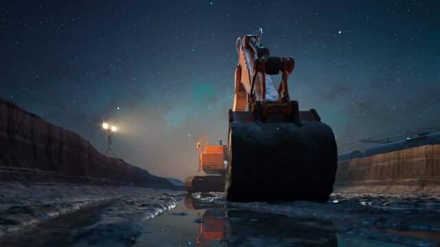 Excavator or digger at construction Site. Heavy industry. Starry Night. 4k HD