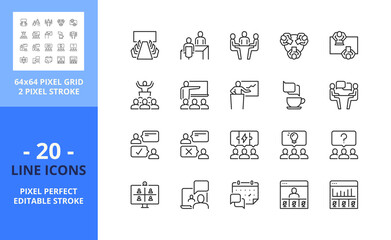 Line icons about meeting. Business concept. Pixel perfect 64x64 and editable stroke - obrazy, fototapety, plakaty