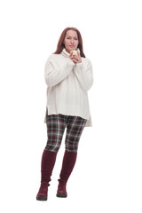 casual attractive woman with takeaway coffee.isolated on a white background.