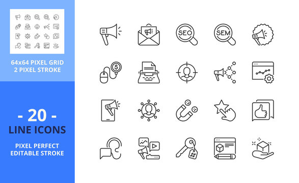Line icons about marketing. Communication concept. Pixel perfect 64x64 and editable stroke