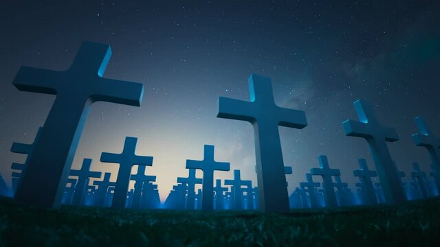 Churchyard. Endless view at the Christian crosses cemetery. Night sky. 4k HD