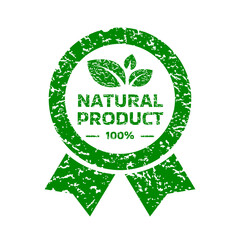 Natural product round label green stamp, badge with ribbons