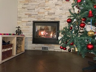 fireplace with christmas decorations