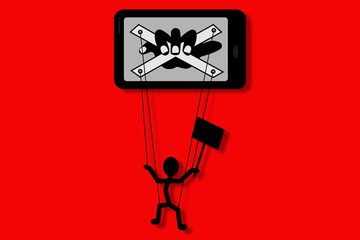 puppet on strings being manipulated by a hand on a smart phone, social media influence concept illustration