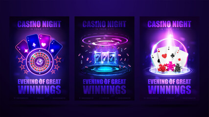 Casino night, set of invitation posters with neon casino elements. Posters with digital hologram of slot machine, Casino Roulette wheel, playing cards and poker chips