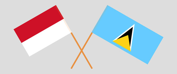 Fototapeta na wymiar Crossed flags of Indonesia and Saint Lucia. Official colors. Correct proportion