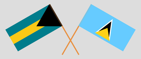 Crossed flags of the Bahamas and Saint Lucia. Official colors. Correct proportion