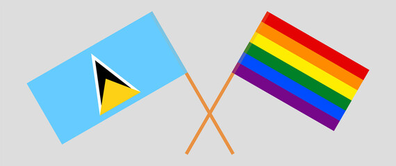 Crossed flags of Saint Lucia and LGBTQ. Official colors. Correct proportion