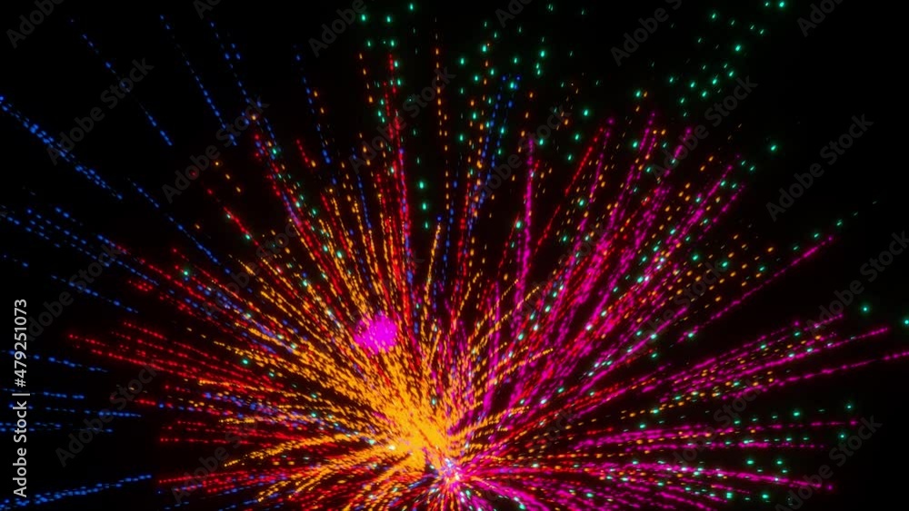 Poster explosions of multi-colored round particles are drawn to one point on a black background. 3d animati