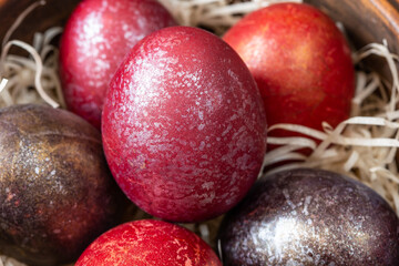 Creative colored eggs close up.  Easter concept.