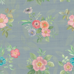 Watercolor botanical pattern of flowers and leaves on an abstract background. Seamless pattern for fabric, wallpaper, wrapping paper design, scrapbooking.