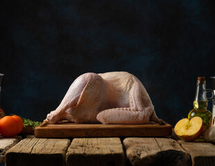 A whole chicken carcass on a cutting board. Nearby, on a wooden table, olive oil, garlic. half an apple. greenery. Dark blue background. Wood texture. Cooking, culinary blog, recipe book.