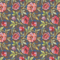 Abstract background from flowers and leaves. Mixed media seamless botanical pattern. Watercolor in digital processing. For design, wallpaper, wrapping paper, print, fabric.