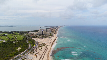 Aerial view. Resort town by the sea. Seaweed near the shore. Environmental pollution. poisoning with toxins and poisons of wildlife. Changing of the climate. Global warming.