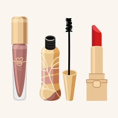 Gold Mascara Tube and lipstick cosmetics vector set. Isolated on beige background. Beauty accessories collection. Flat style vector illustration.