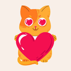 Cute red cat with heart. Valentine's day card, save the date card. Funny lovely animal character. Flat style illustration