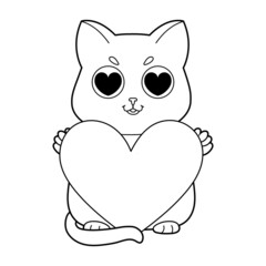 Cute line cat with heart. Valentine's day card, save the date card. Funny lovely outline animal character. Linear vector illustration