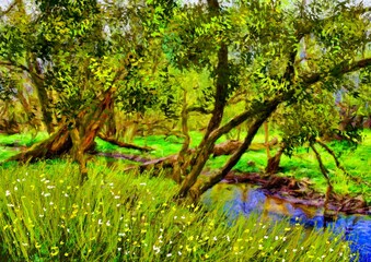 Oil paintings landscape, tree in the park, grass in the forest. Fine art, artwork