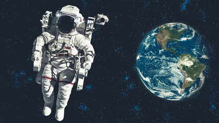 Astronaut spaceman do spacewalk while working for spaceflight mission at space station . Astronaut wear full spacesuit for operation . Elements of this image furnished by NASA space astronaut photos . © InfiniteFlow