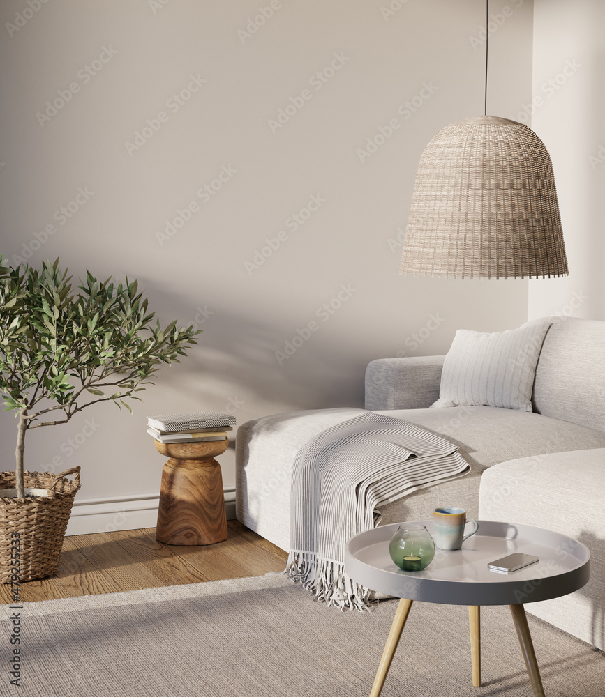 Poster living room interior with mock up empty wall. 3d render. 3d image.
