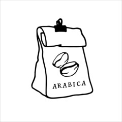 Arabica coffee beans paper bag. Doodle element for design